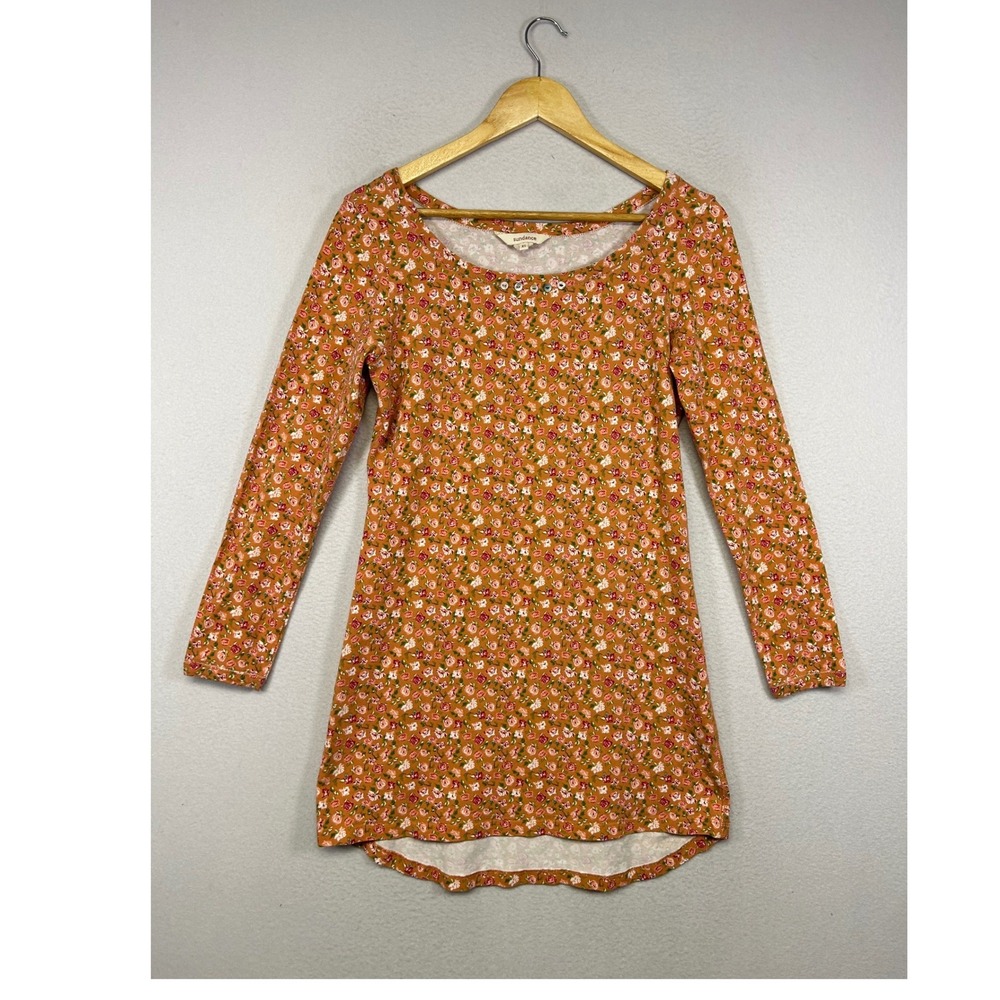 Cottagecore Sundance Womens XS Orange Floral Ribbed Long Sleeve Tunic Top Button